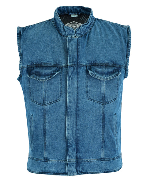 blue denim motorcycle vest