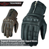 Zipped Brown / Black Leather Motorcycle Gloves